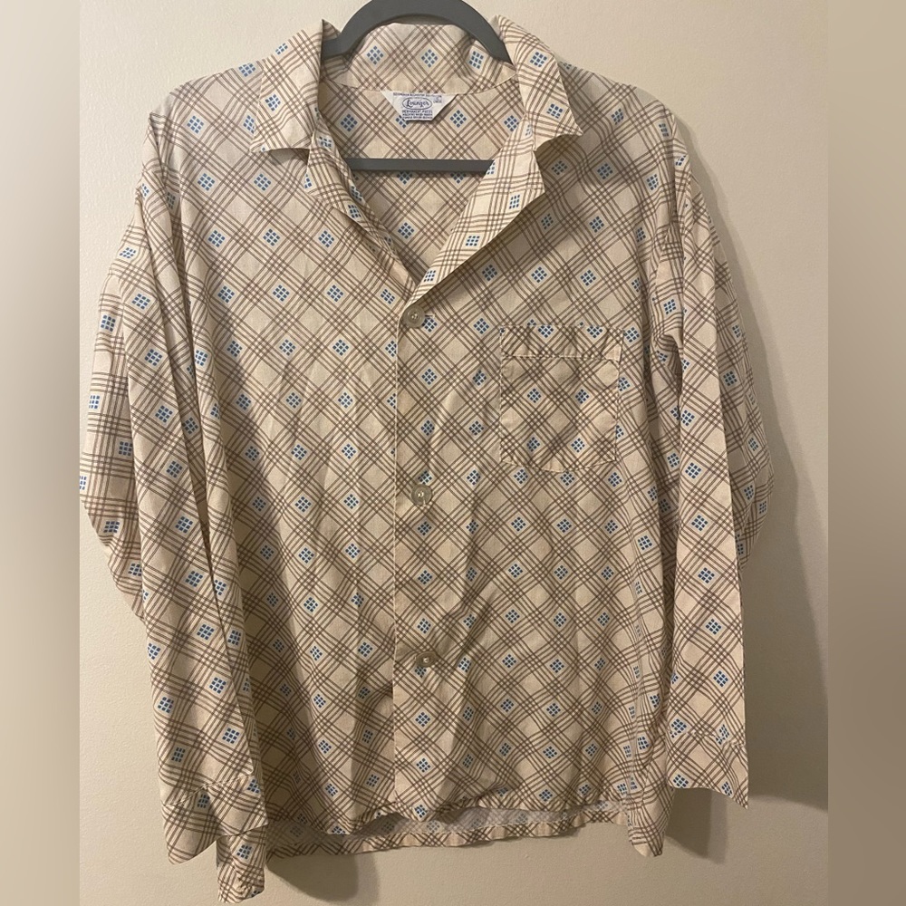 Vintage 1970s Lounger Brown‎ Tan Diamond Print Long Sleeve Button Down Large